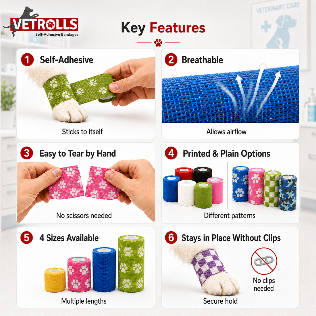 Self-Adhesive Vet Wrap for Dogs & Cats | 1–4 Inch