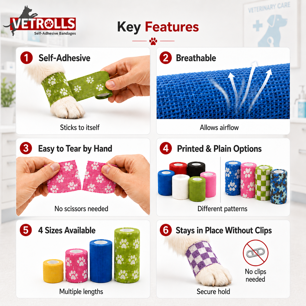 Self-Adhesive Vet Wrap for Dogs & Cats | 1–4 Inch